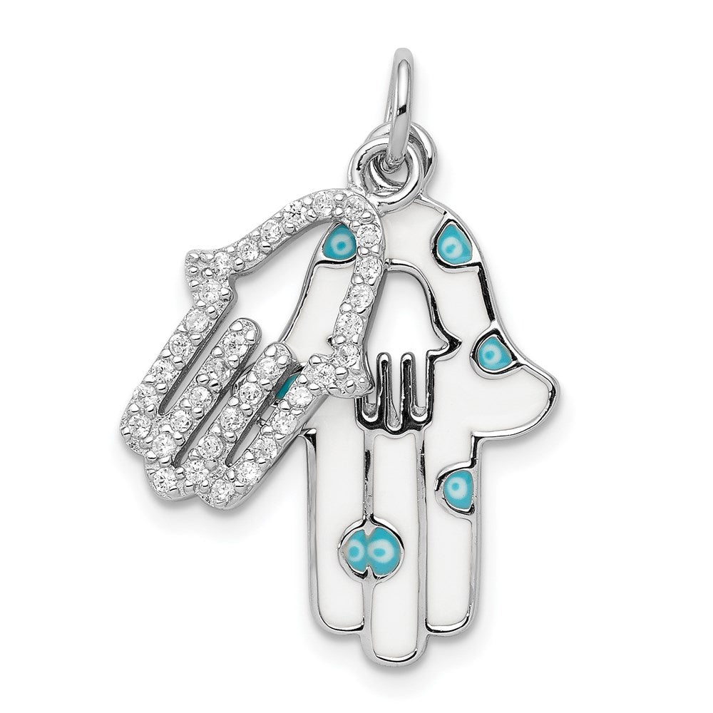Sterlingsilber Rhodiniert Emaille Hamsa mit Zirkonia Anhänger