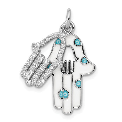 Sterlingsilber Rhodiniert Emaille Hamsa mit Zirkonia Anhänger