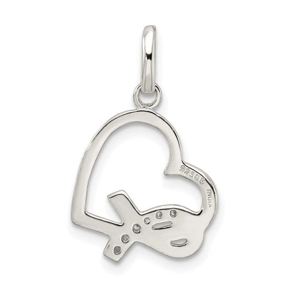 Sterlingsilber Poliert Herz mit Bewusstsein Schleife Zirkonia Charm