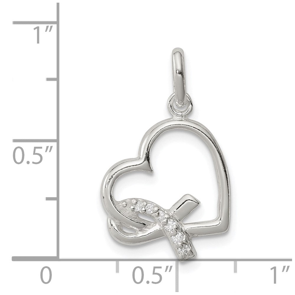 Sterlingsilber Poliert Herz mit Bewusstsein Schleife Zirkonia Charm