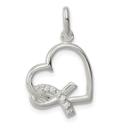Sterlingsilber Poliert Herz mit Bewusstsein Schleife Zirkonia Charm