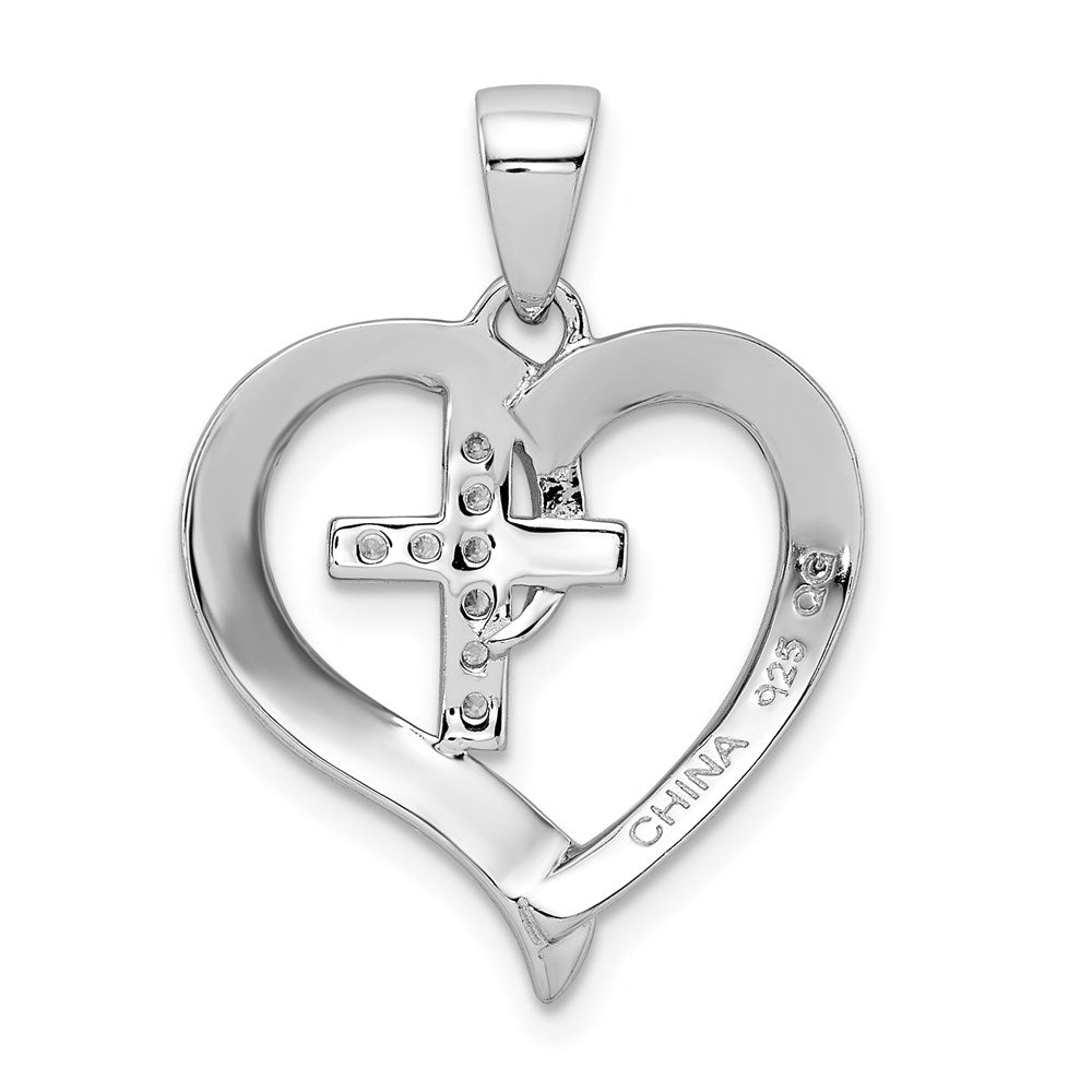 Sterlingsilber Rhodiniert Poliert Herz mit Zirkonia Kreuz Anhänger