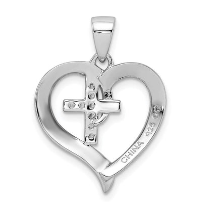 Sterlingsilber Rhodiniert Poliert Herz mit Zirkonia Kreuz Anhänger