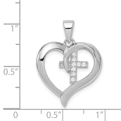Sterlingsilber Rhodiniert Poliert Herz mit Zirkonia Kreuz Anhänger