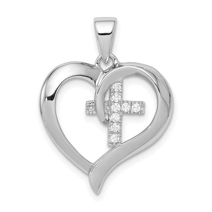 Sterlingsilber Rhodiniert Poliert Herz mit Zirkonia Kreuz Anhänger