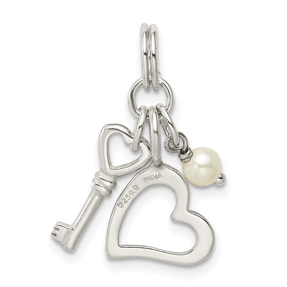 Sterlingsilber Poliert Key und Herz mit Synthetisch Perle Charm