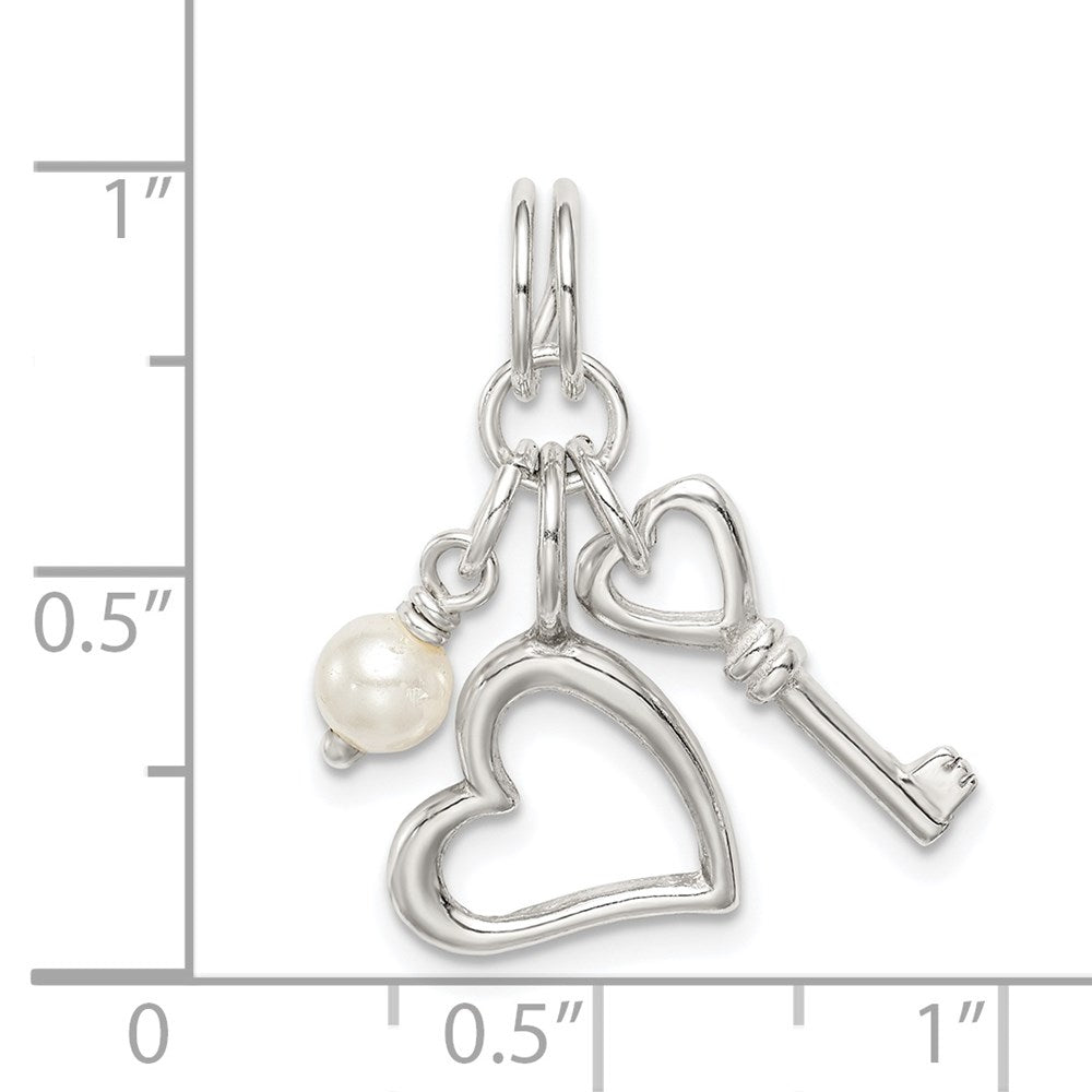 Sterlingsilber Poliert Key und Herz mit Synthetisch Perle Charm