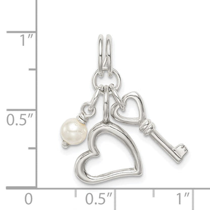 Sterlingsilber Poliert Key und Herz mit Synthetisch Perle Charm