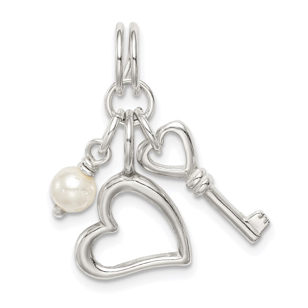 Sterlingsilber Poliert Key und Herz mit Synthetisch Perle Charm