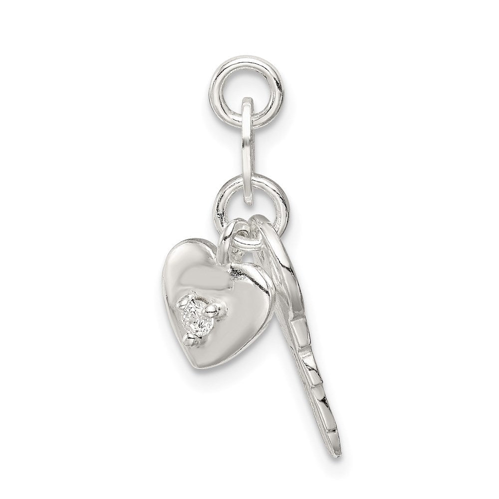 Sterlingsilber Poliert Zirkonia Herz und Key Charm
