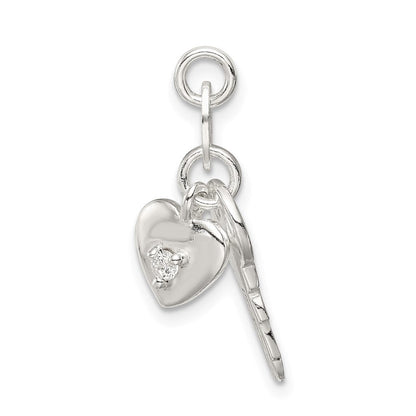Sterlingsilber Poliert Zirkonia Herz und Key Charm