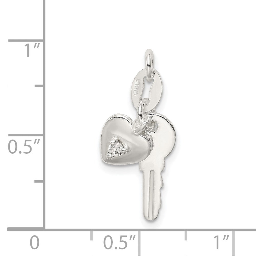 Sterlingsilber Poliert Zirkonia Herz und Key Charm