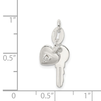 Sterlingsilber Poliert Zirkonia Herz und Key Charm