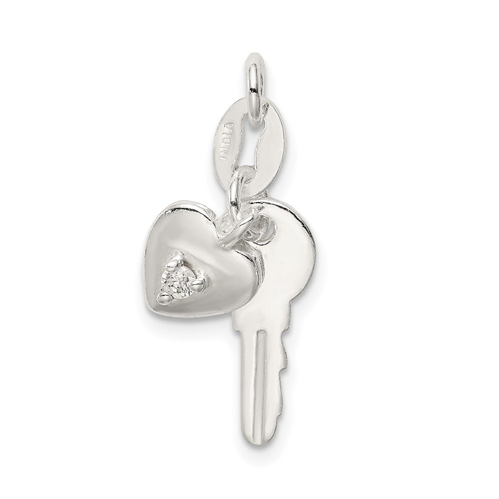 Sterlingsilber Poliert Zirkonia Herz und Key Charm