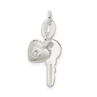 Sterlingsilber Poliert Zirkonia Herz und Key Charm
