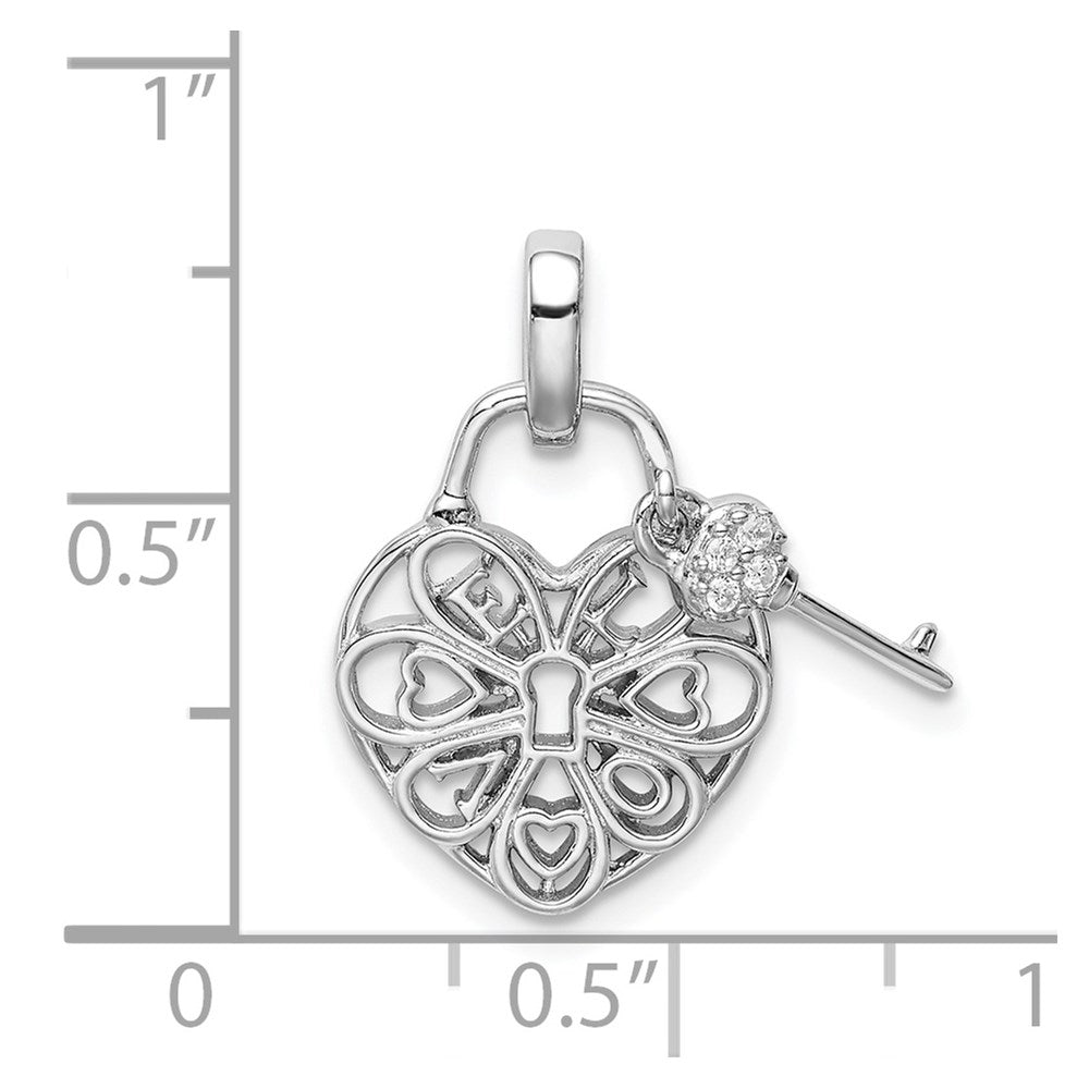 Sterlingsilber Rhodiniert Herz Schloss & Key mit Zirkonia Anhänger