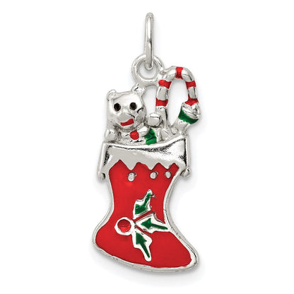 Sterlingsilber Poliert Emaille Weihnachten Stocking Anhänger