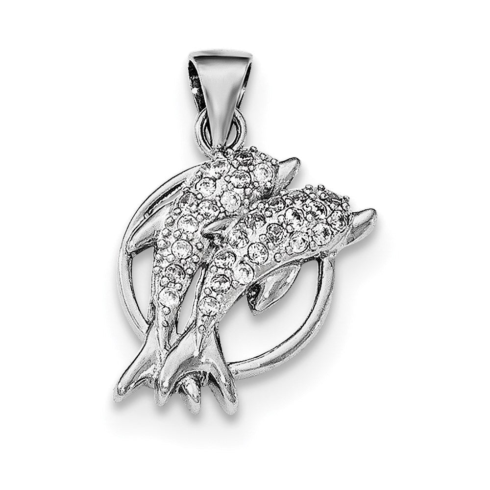 Sterlingsilber Rhodiniert Poliert Zirkonia Doppelt Delfin Anhänger