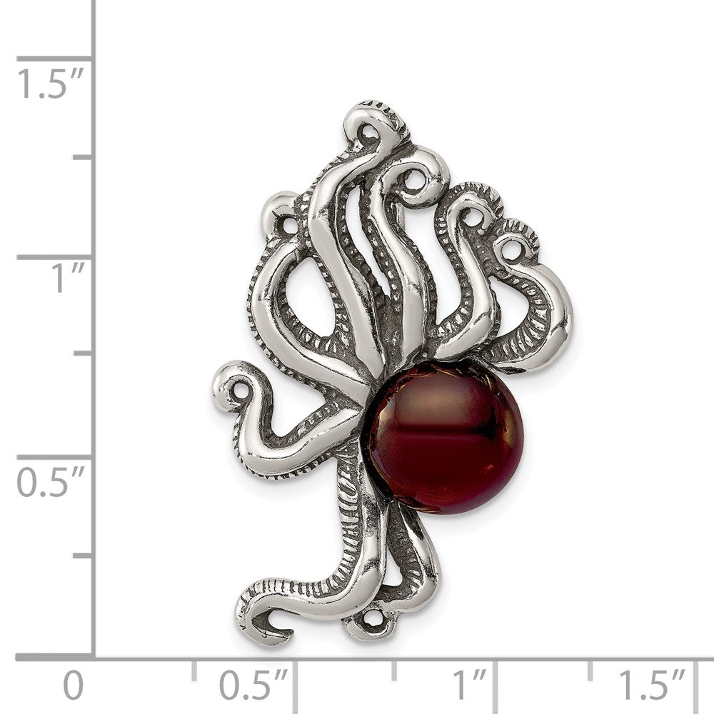 Sterlingsilber Antikisiert & Strukturiert Octopus mit Rot Stein Kette Anhänger