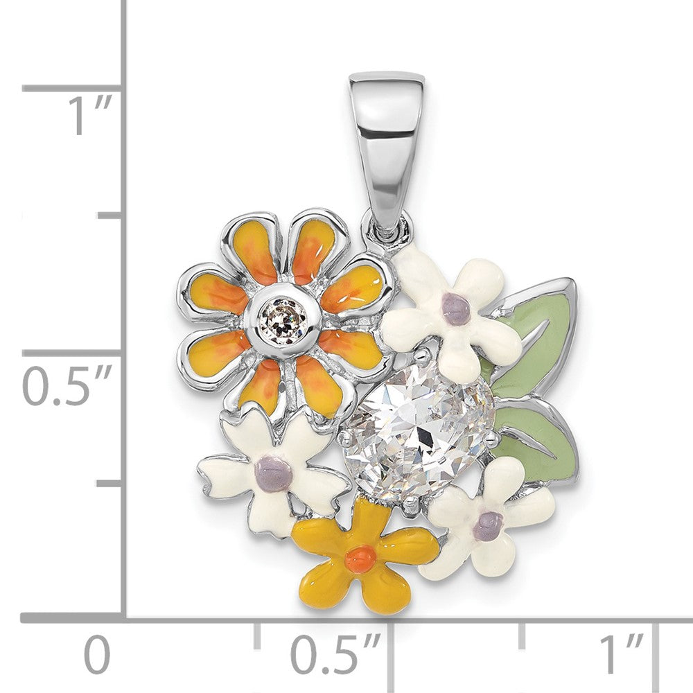 Sterlingsilber Poliert Zirkonia & Emailliert Blumen Anhänger