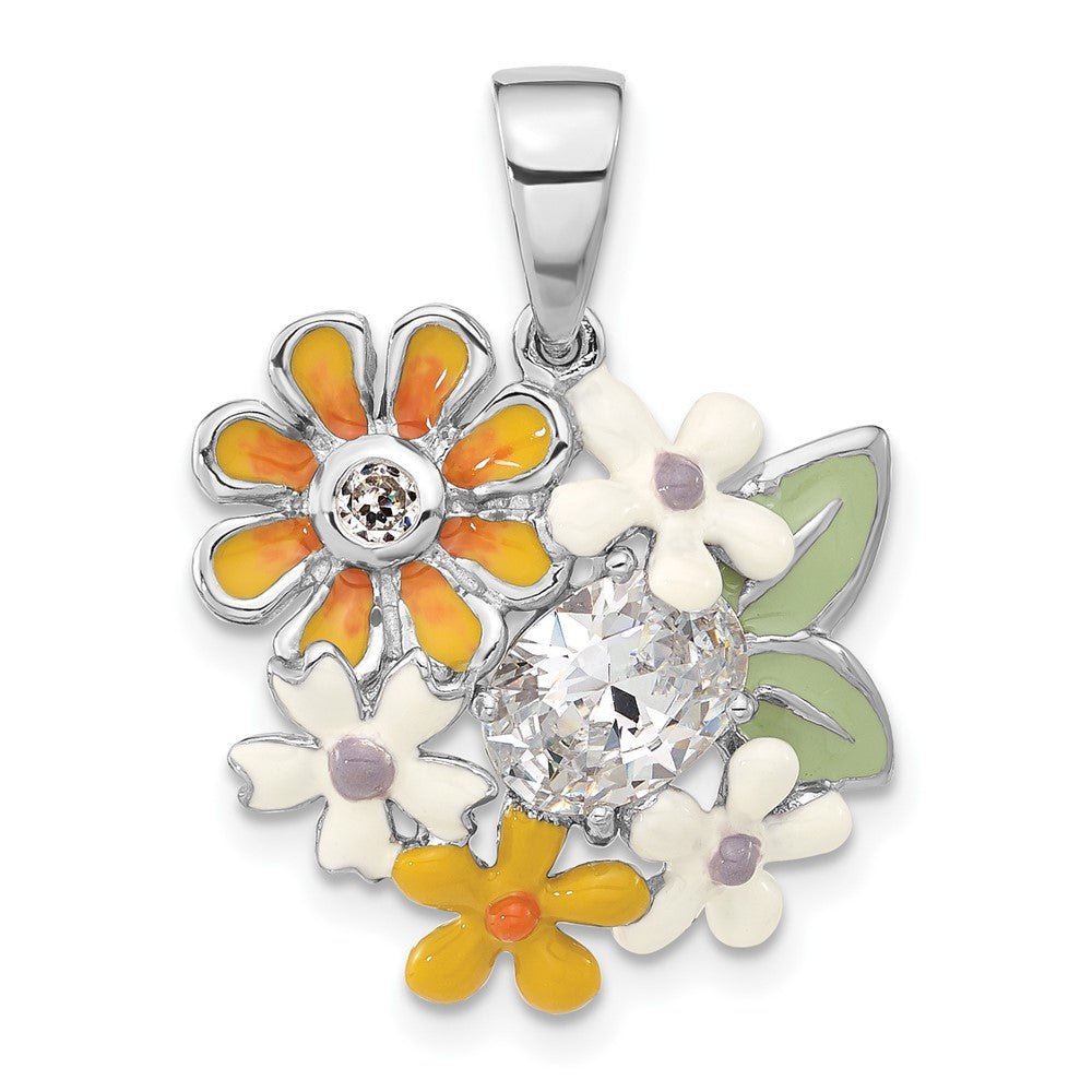 Sterlingsilber Poliert Zirkonia & Emailliert Blumen Anhänger