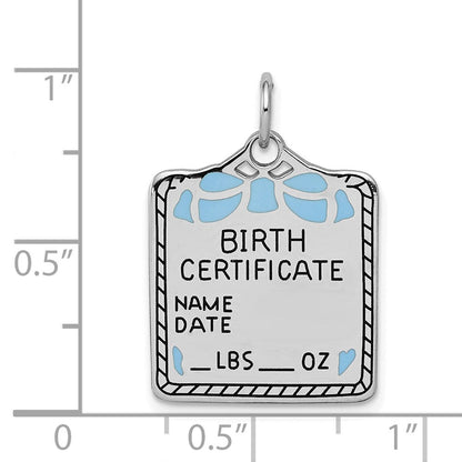 Sterlingsilber Ss Rhodiniert-plt Blau Birth Certificate Poliert Vorderseite/satin Rückseite Charm
