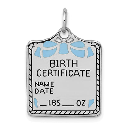 Sterlingsilber Ss Rhodiniert-plt Blau Birth Certificate Poliert Vorderseite/satin Rückseite Charm