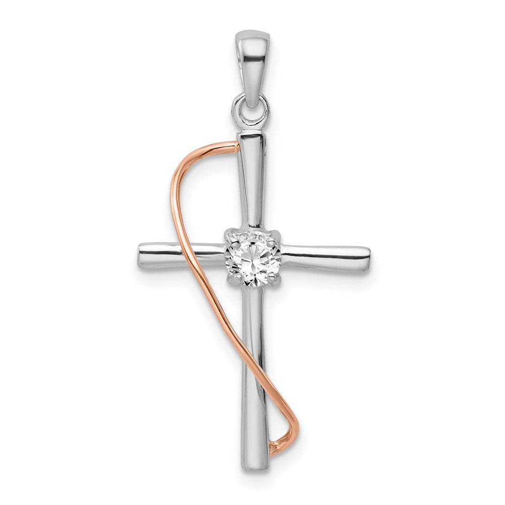 Sterlingsilber Rhodium & Roséfarben Poliert Zirkonia Kreuz Anhänger