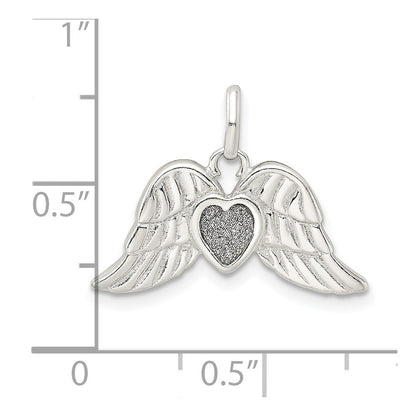 Sterlingsilber Poliert Emaille Glitzer Stoff Herz mit Flügel Anhänger