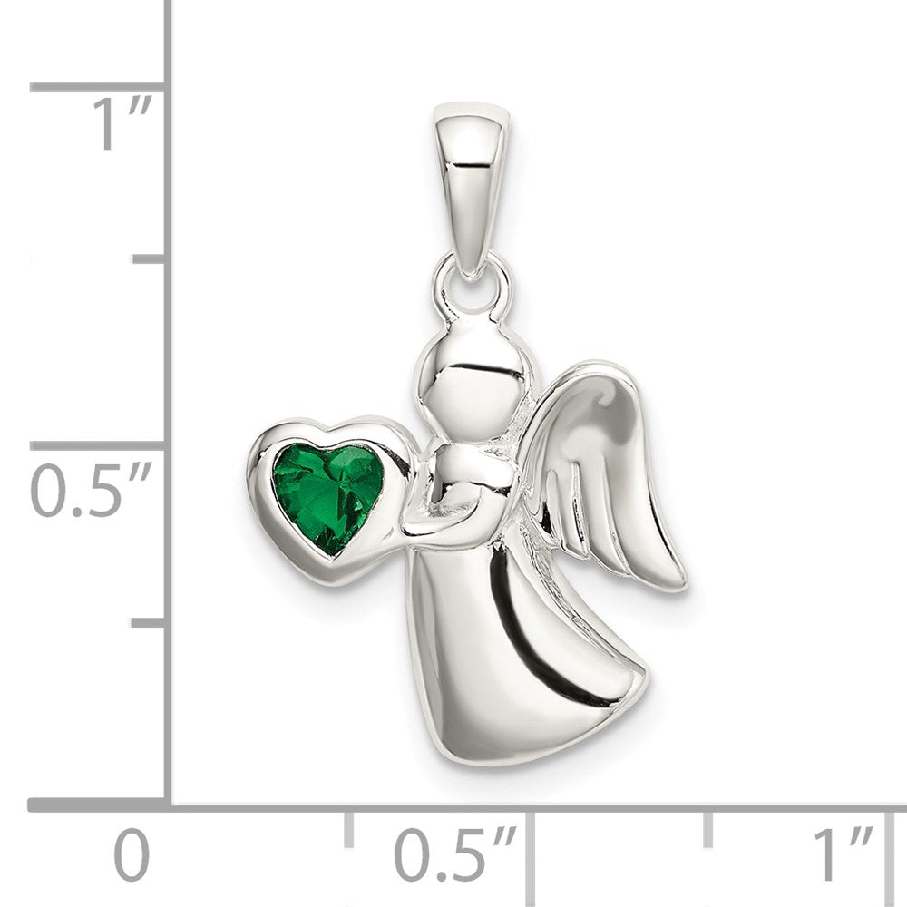 Sterlingsilber Engel mit Dunkel Grün Zirkonia Herz Anhänger