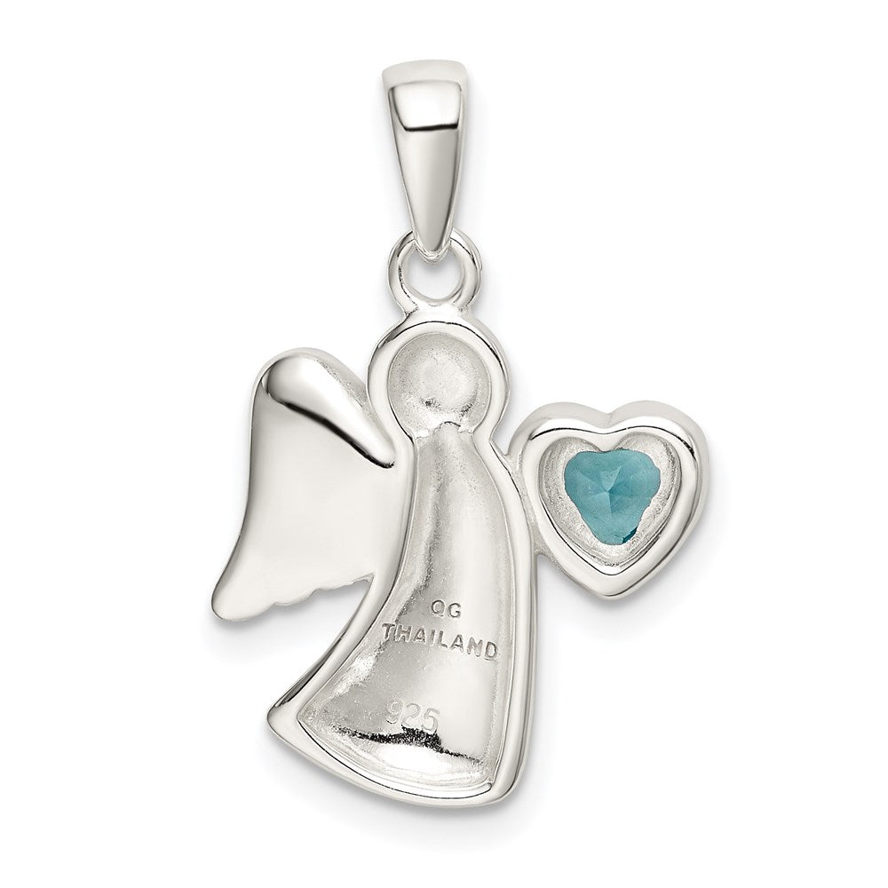Sterlingsilber Engel mit Licht Blau Zirkonia Herz Anhänger
