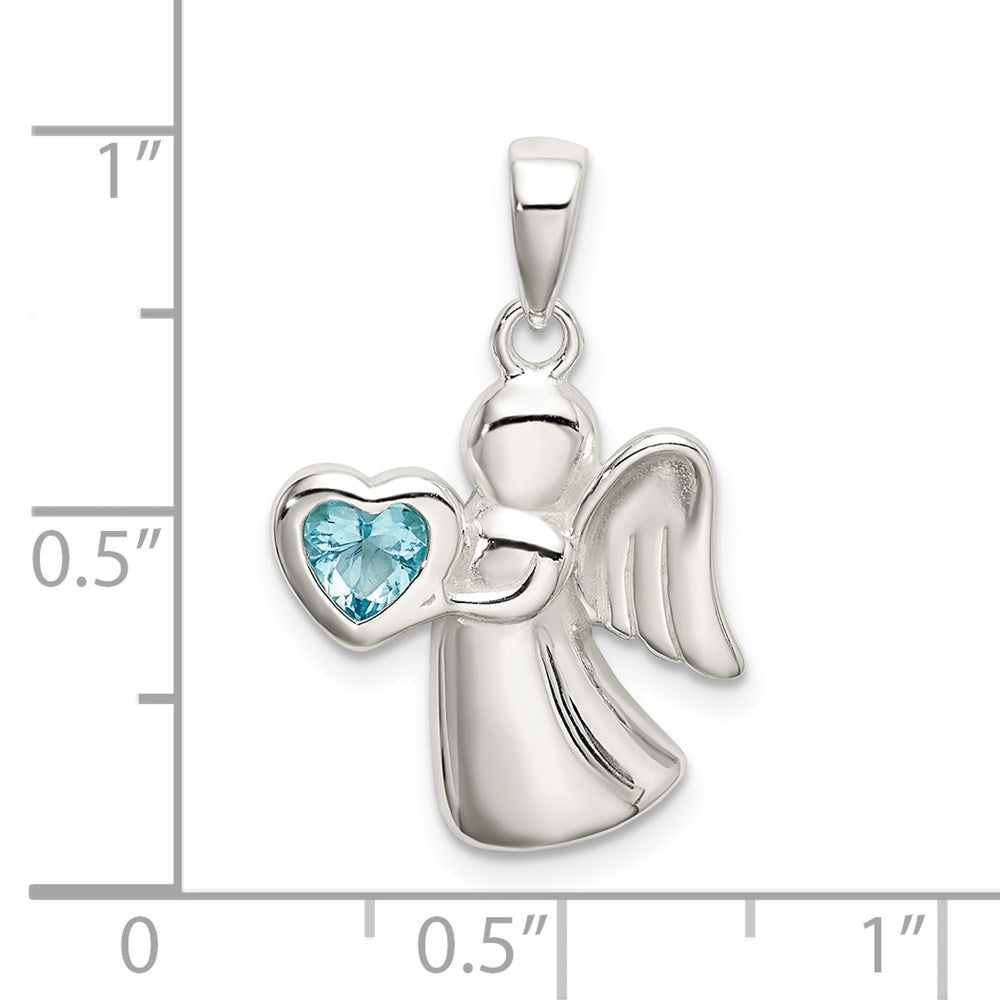Sterlingsilber Engel mit Licht Blau Zirkonia Herz Anhänger