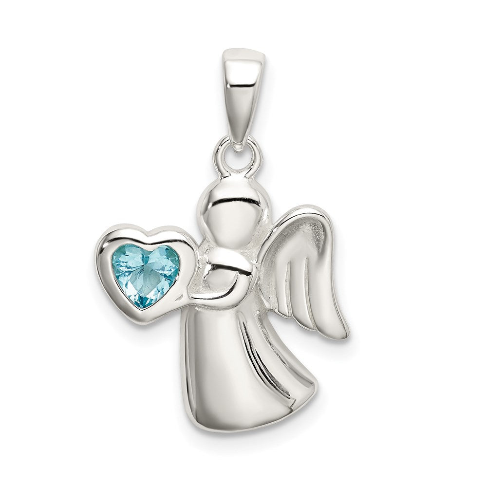 Sterlingsilber Engel mit Licht Blau Zirkonia Herz Anhänger