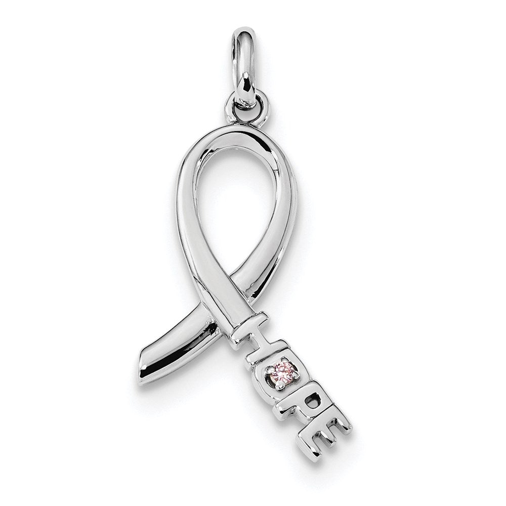 Sterlingsilber Rhodiniert Rosa Zirkonia Hoffnung Bewusstsein Schleife Anhänger