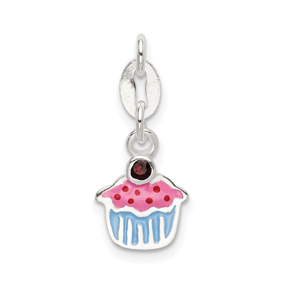 Sterlingsilber Poliert und Emailliert Cupcake mit Granat Charm