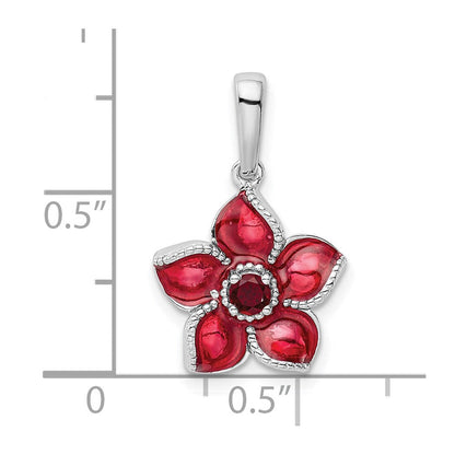 Sterlingsilber Rhodiniert Erzeugt Rubin und Emaille Blume Anhänger