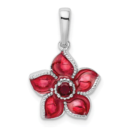 Sterlingsilber Rhodiniert Erzeugt Rubin und Emaille Blume Anhänger
