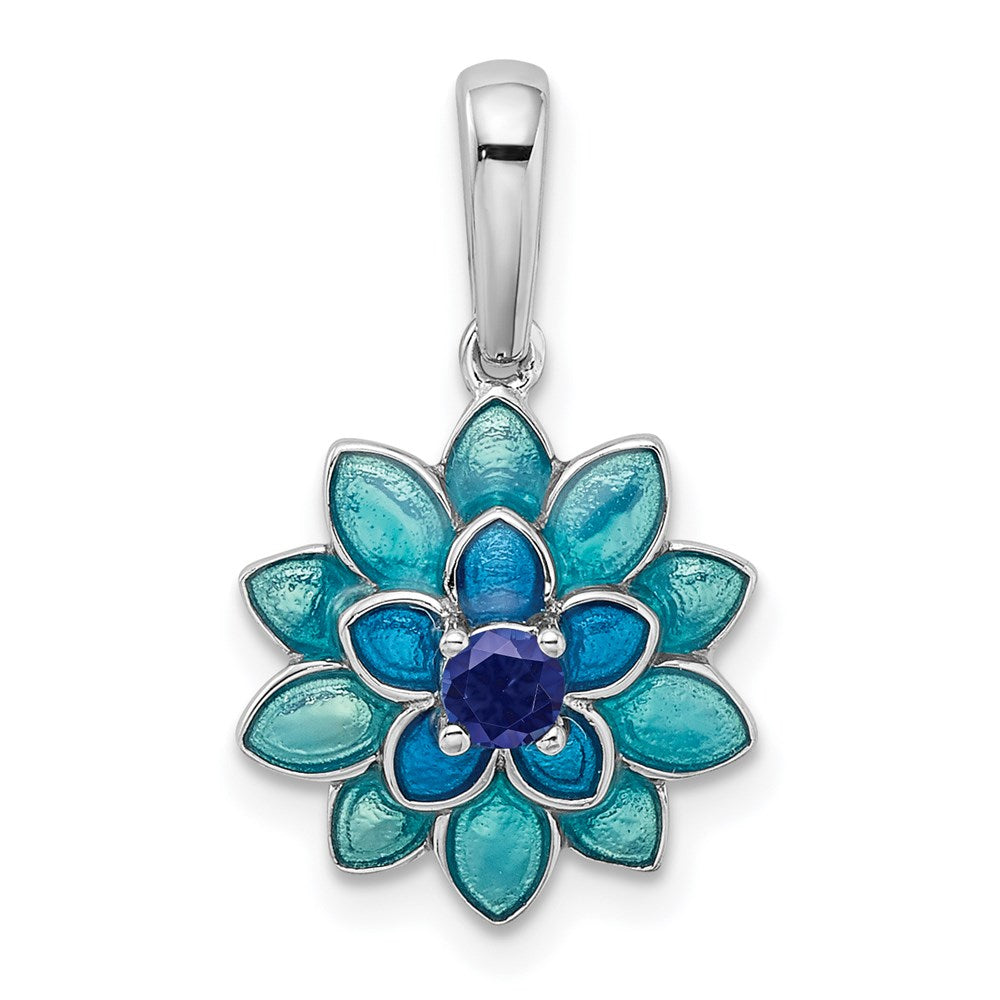 Sterlingsilber Rhodiniert Erzeugt Saphir und Emaille Blume Anhänger