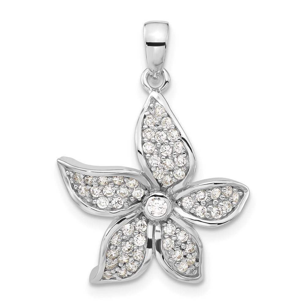 Sterlingsilber Rhodiniert Poliert Zirkonia Blume Anhänger