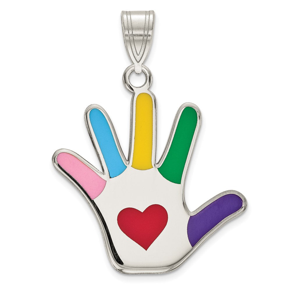 Sterlingsilber Rhod-plate Emaille Autism mit Herz Handprint Anhänger