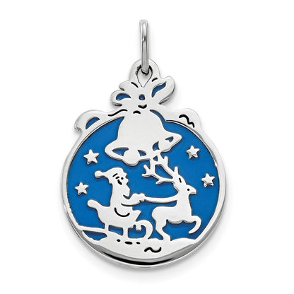 Sterlingsilber Rhodiniert Blau Emaille Santa mit Reindeer Kreis Anhänger