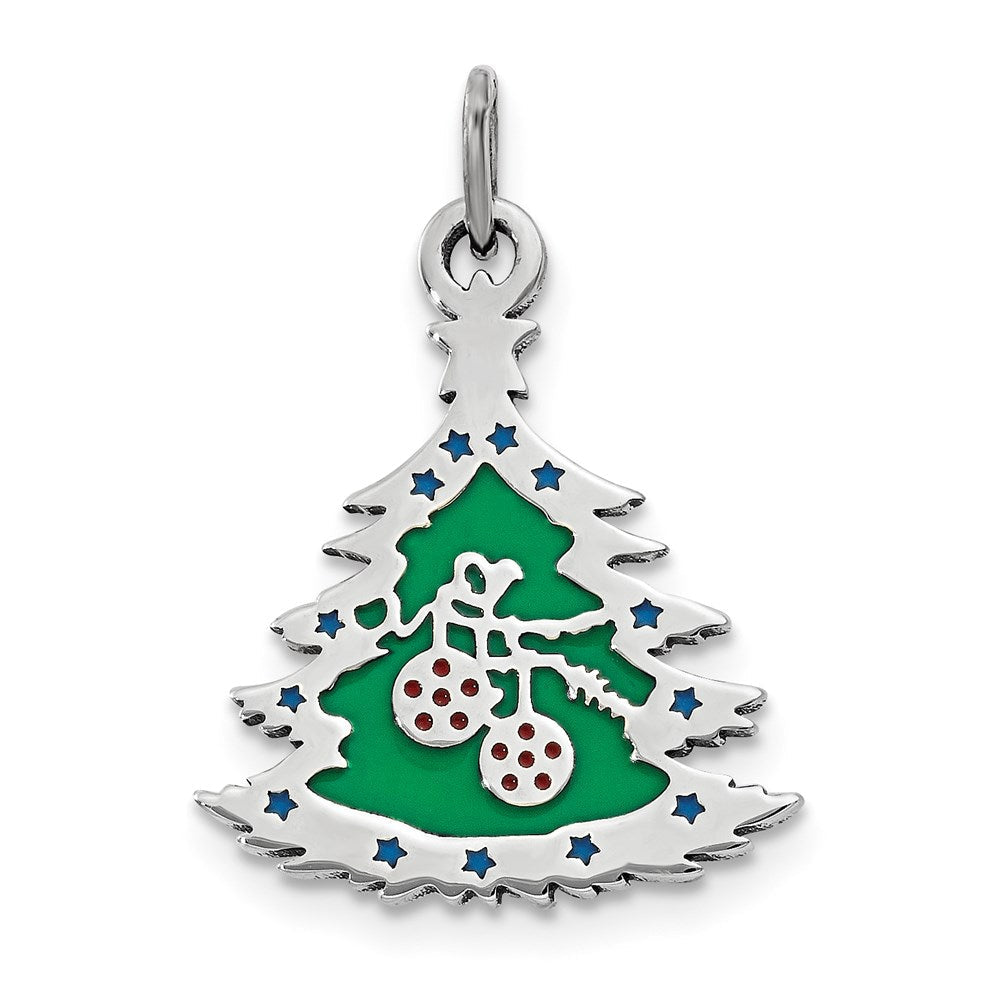 Sterlingsilber Poliert Grün Emailliert Weihnachten Baum Anhänger