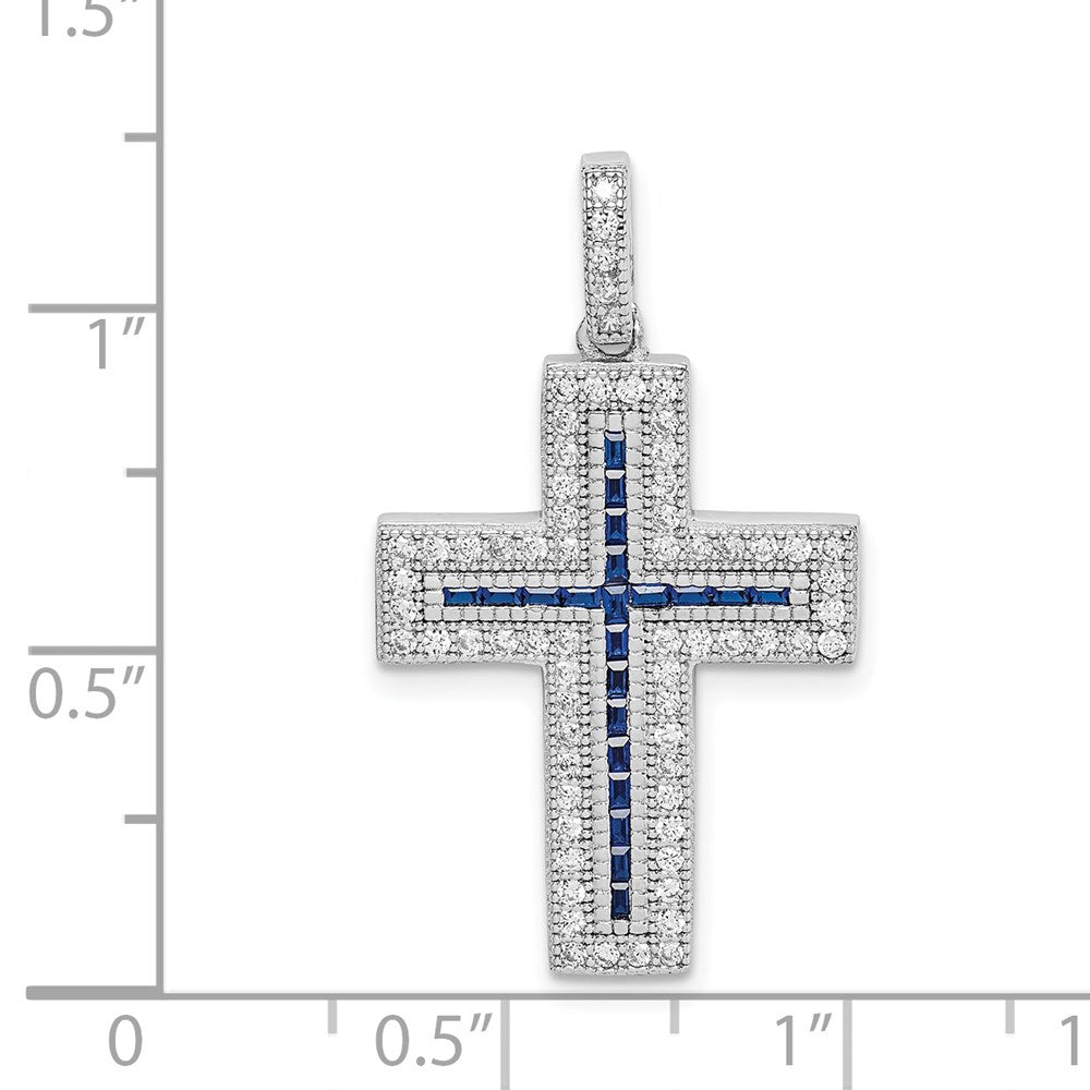 Sterlingsilber Rhodiniert Zirkonia & Lab Cr. Blau Spinell Kreuz Anhänger