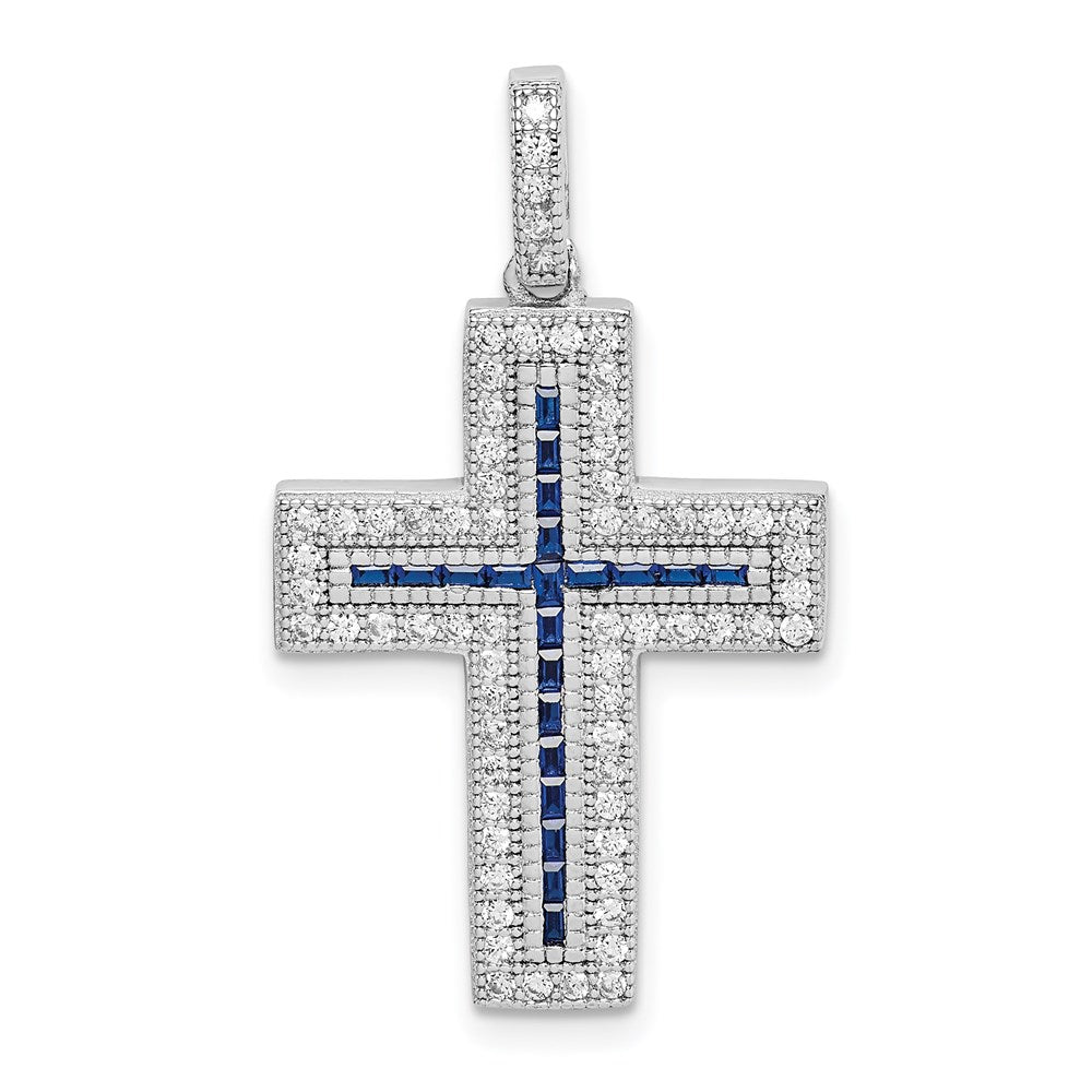 Sterlingsilber Rhodiniert Zirkonia & Lab Cr. Blau Spinell Kreuz Anhänger