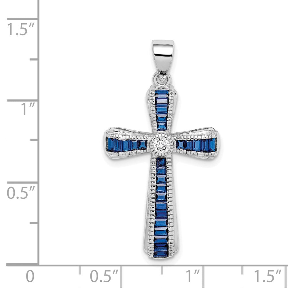Sterlingsilber Rhodiniert Zirkonia & Lab Cr. Blau Spinell Kreuz Anhänger