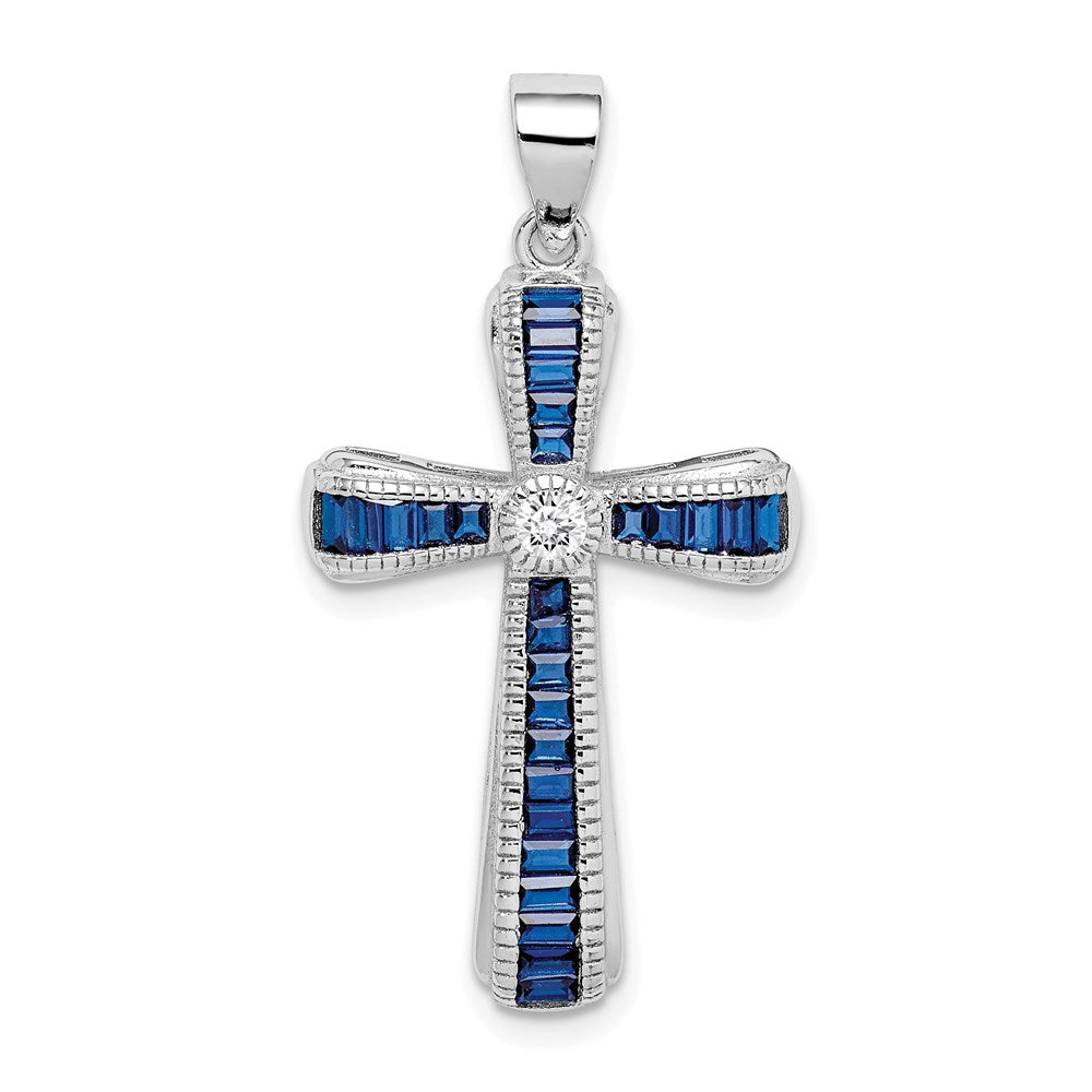 Sterlingsilber Rhodiniert Zirkonia & Lab Cr. Blau Spinell Kreuz Anhänger