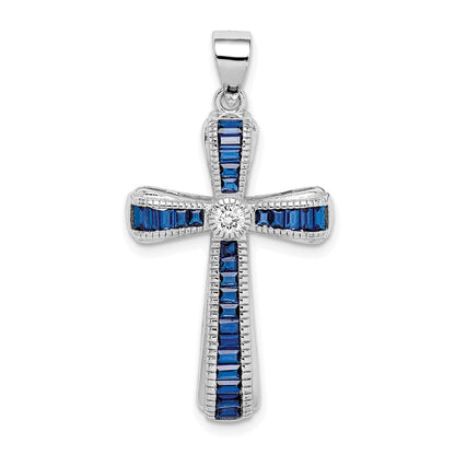 Sterlingsilber Rhodiniert Zirkonia & Lab Cr. Blau Spinell Kreuz Anhänger