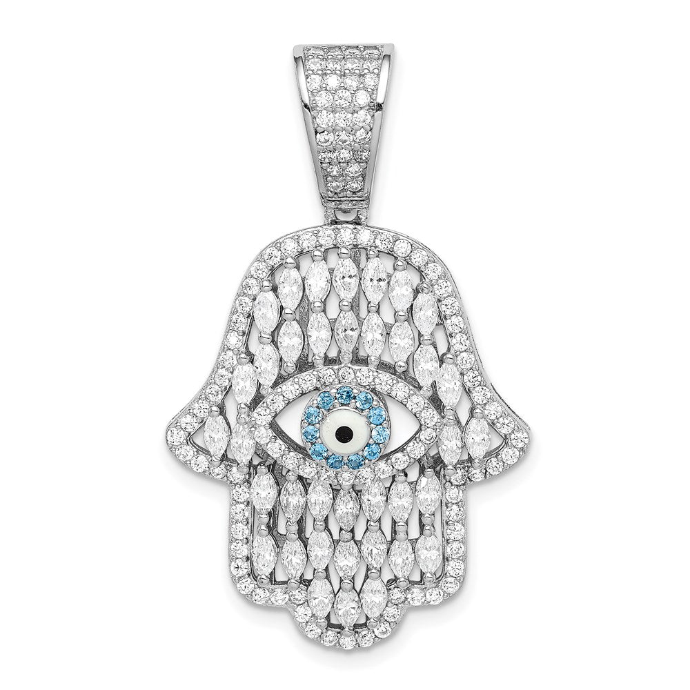 Sterlingsilber Rhodiniert Weiß & Blau Zirkonia Hamsa Auge Anhänger
