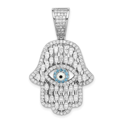 Sterlingsilber Rhodiniert Weiß & Blau Zirkonia Hamsa Auge Anhänger