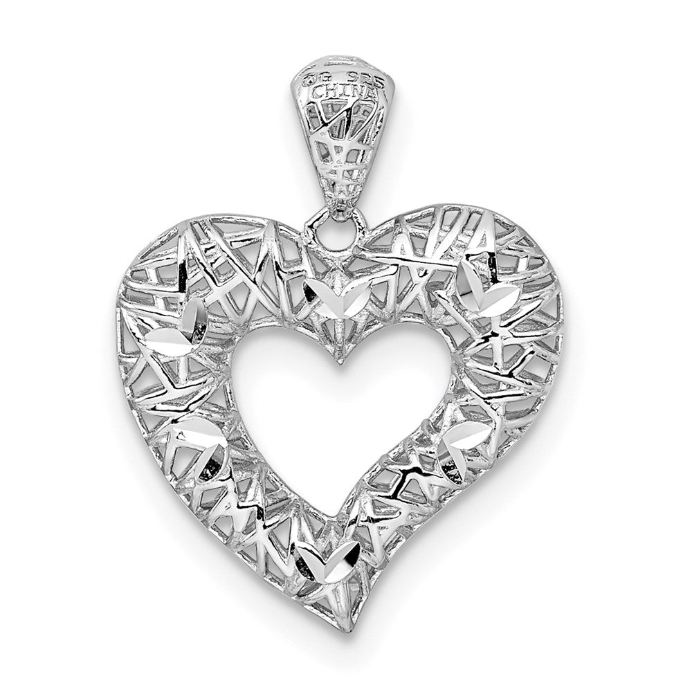 Sterlingsilber Rhodiniert Poliert Diamantiert Herz Anhänger